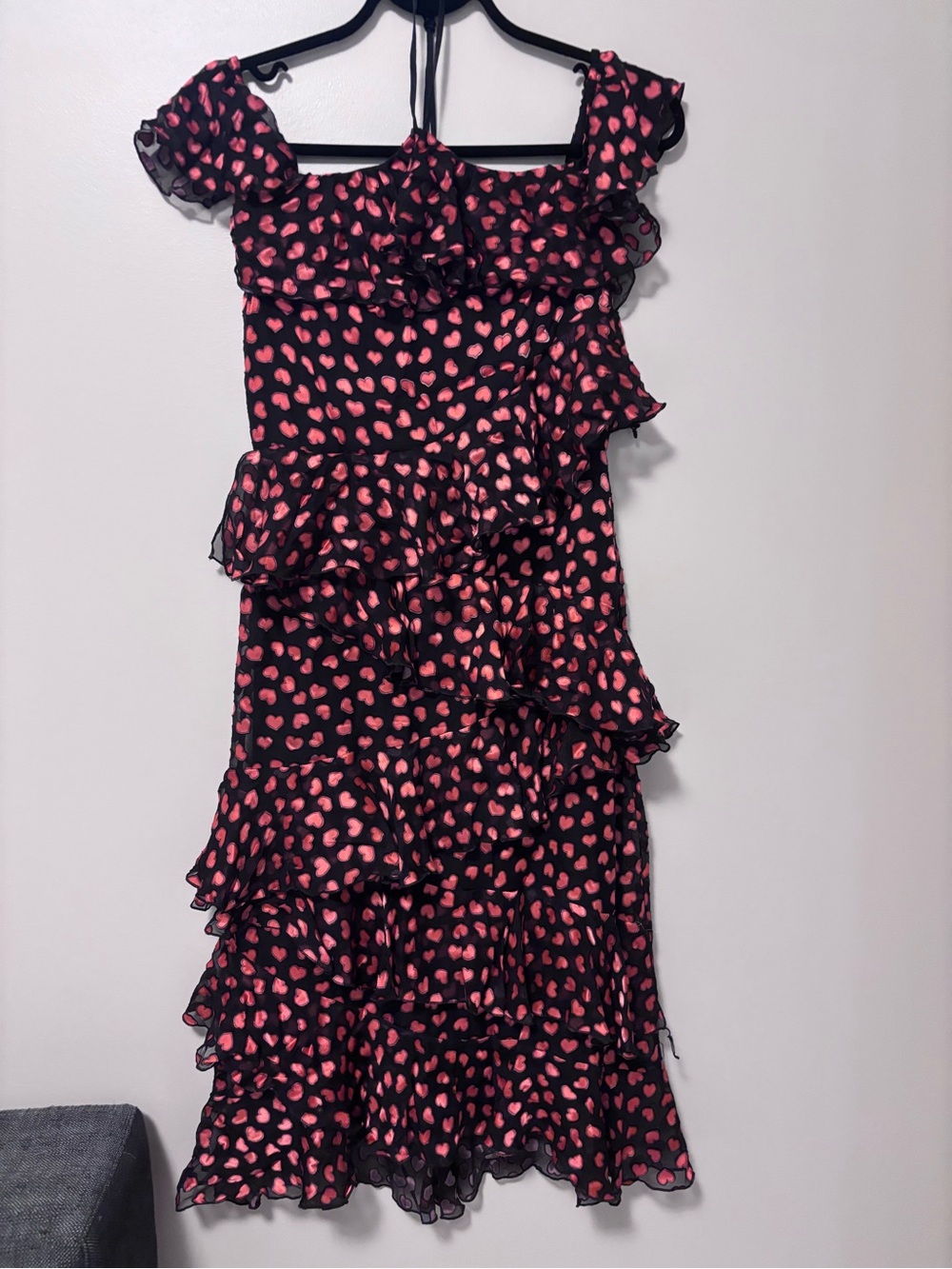 Alice + Olivia Black Dress with Pink Heart Print and Ruffle Tiers